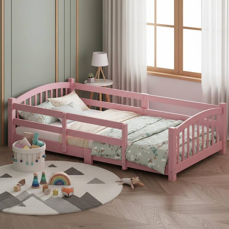 Montessori Solid Pine Floor Bed with Full-Length Safety Fence & Slatted Base by Harper&Bright Designs