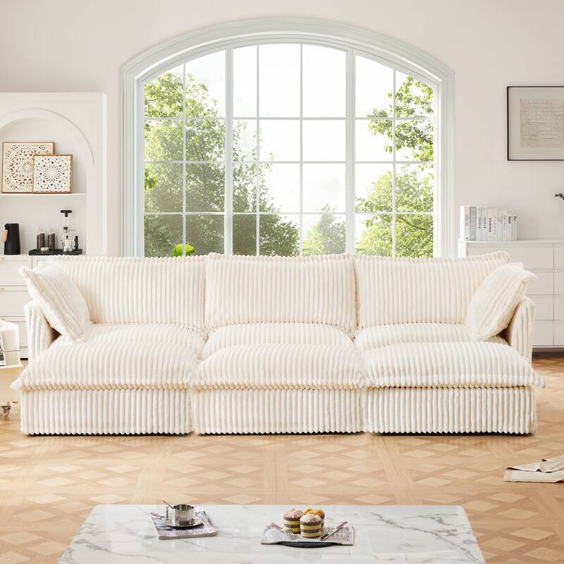 Modern 3-seater upholstered sofa with 3 ottomans and 2 pillows