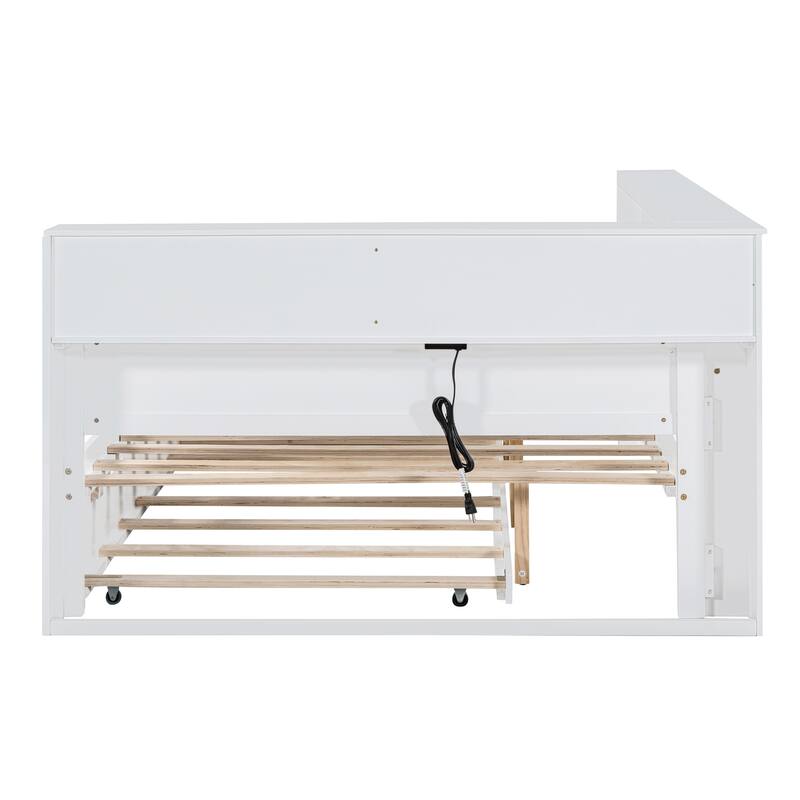 Wooden Full Size DayBed with Twin Size Trundle, DayBed with Storage Shelf and USB Charging Ports,Grey