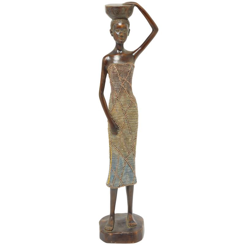 Brown Polystone Primitive African Mask and Standing African Woman Sculpture Wall Decor