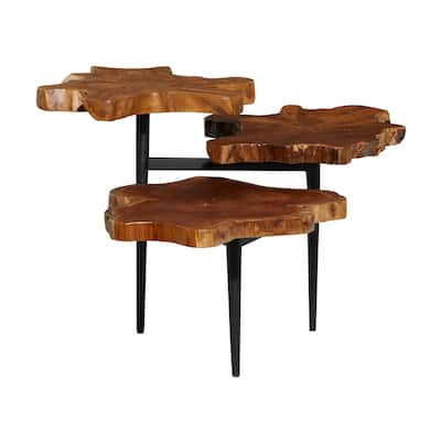 Teak Wood Handmade Live Edge 3 Tier Accent Table with Black Metal Base - Brown - Roche River Decor - 36"W x 34"L x 24"H