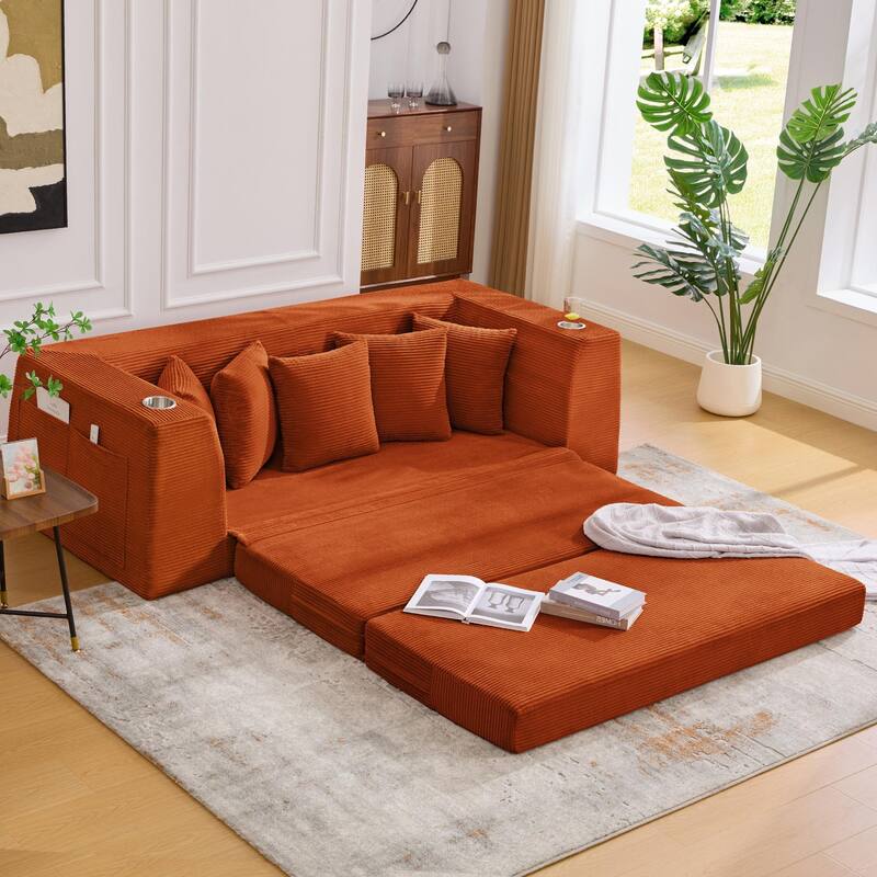2 in 1 Convertible Sofa Bed, Sleeper Sofa with Storage Pockets, Pull Out Loveseat Couch with Two Cup Holders