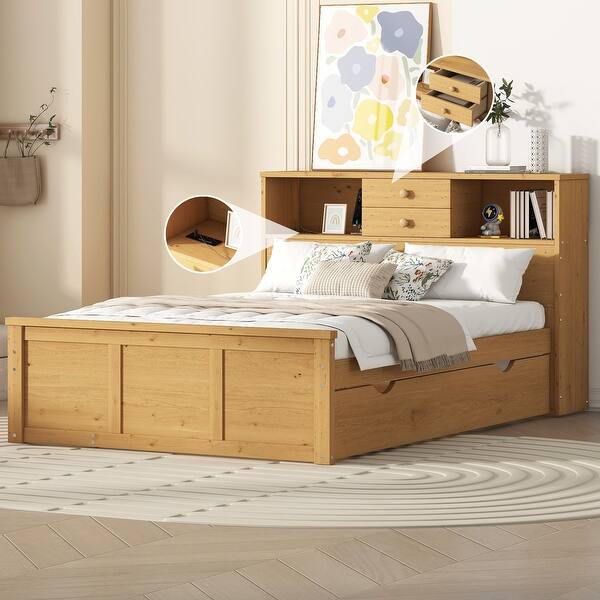 slide 2 of 15, Full Size Wooden Platform Bed with Twin Size Trundle, USB Ports, 3-Drawers & Upper Shelves - Stylish Natural Design for Bedroom