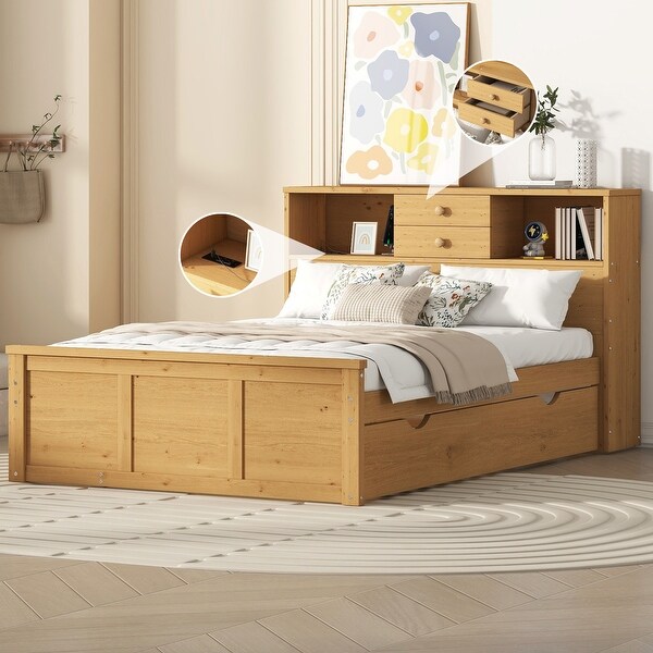 Natural Wood Pltaform Bed with Twin Size Trundle and 3 Drawers Full Size Storage Bed Frame with Headboard USB Ports Sockets Bed Bath Beyond 41162998