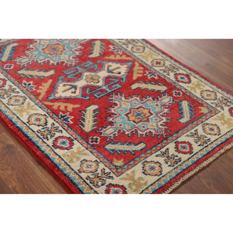 Red Geometric Kazak Oriental Accent Rug Hand-Knotted Wool Carpet - 2'0" x 2'10"