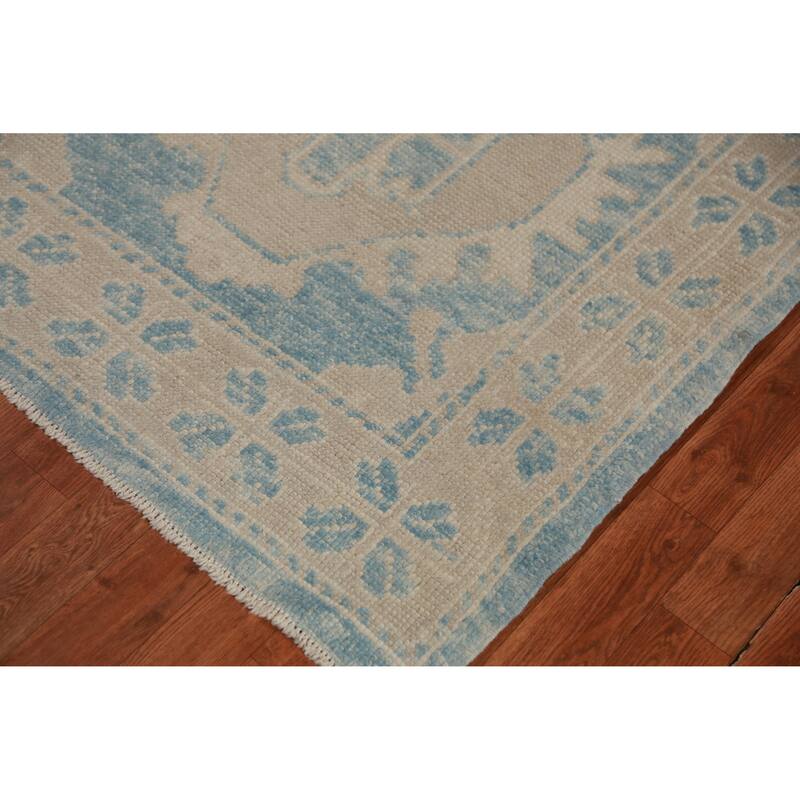 Hand Knotted Oriental 100% Wool Carpet Transitional Geometric Navy Blue & Blues Oushak Runner Rug - 13' 1'' X 3' 6''