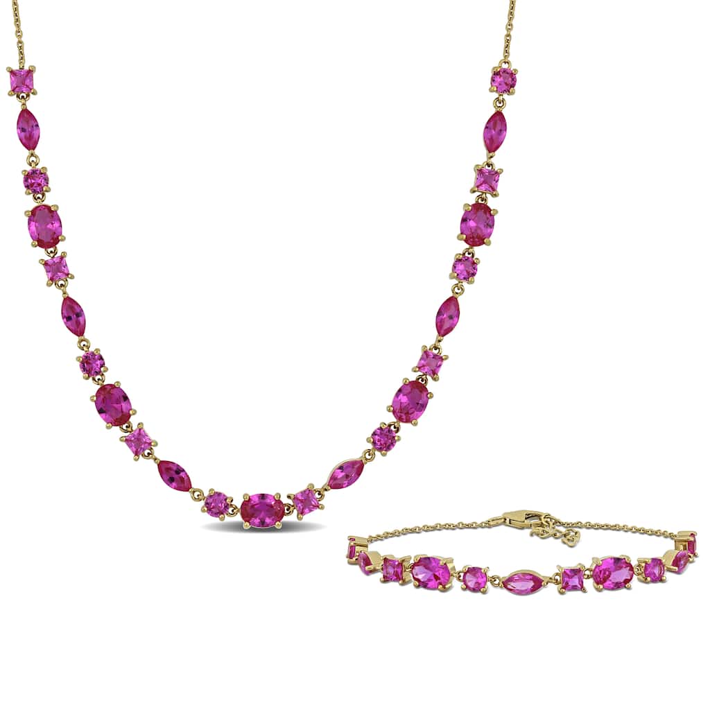Miadora 24ct TGW Created Pink Sapphire Neck & Bracelet Set Yellow Silver