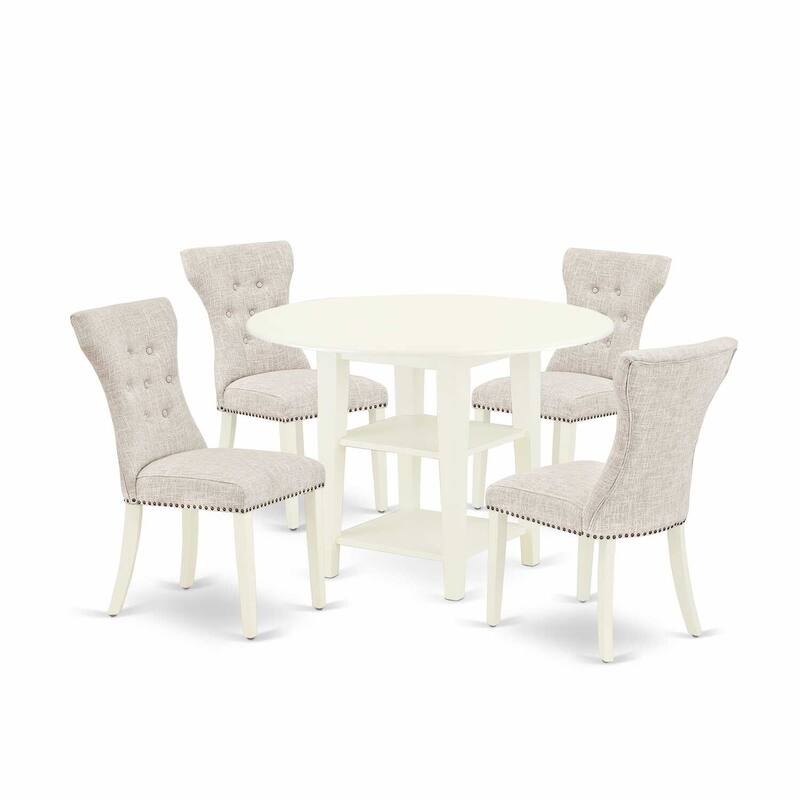 5-Piece Linen White Finish Solid Wood Top - Round Dining Room Set with Leaf - Seats 4