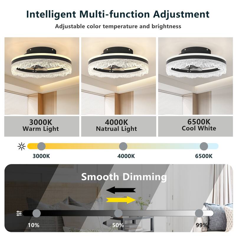 16" Quiet Ceiling Fan with Light - LED Crystal Flush Mount Fan Lamp with Hidden Blades and Natural Airflow - Black