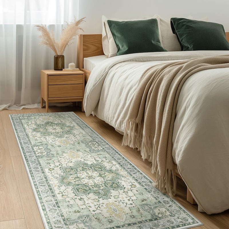 Mcow Green Floral Faded Low Pile Machine Washable Non-Slip Area Rug - 2'X7' - Green - Rectangle