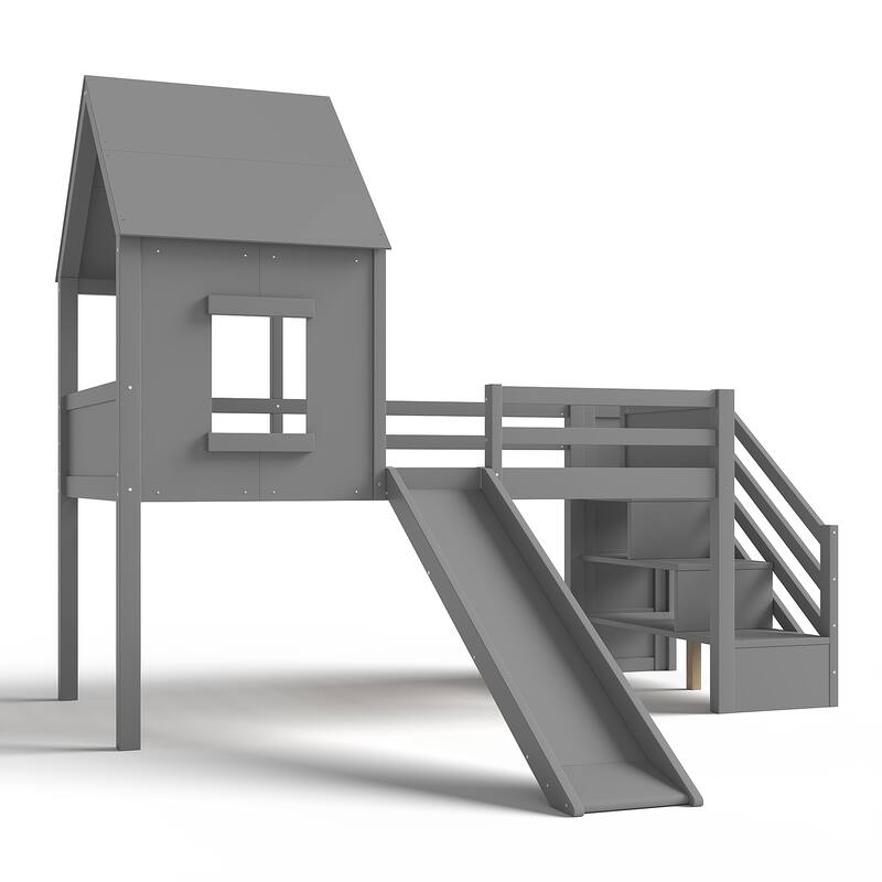 Twin Loft Bed with Storage Cabinets and Removable Desk, Kids House Loft Bed with Slide and Stairs, Childlike
