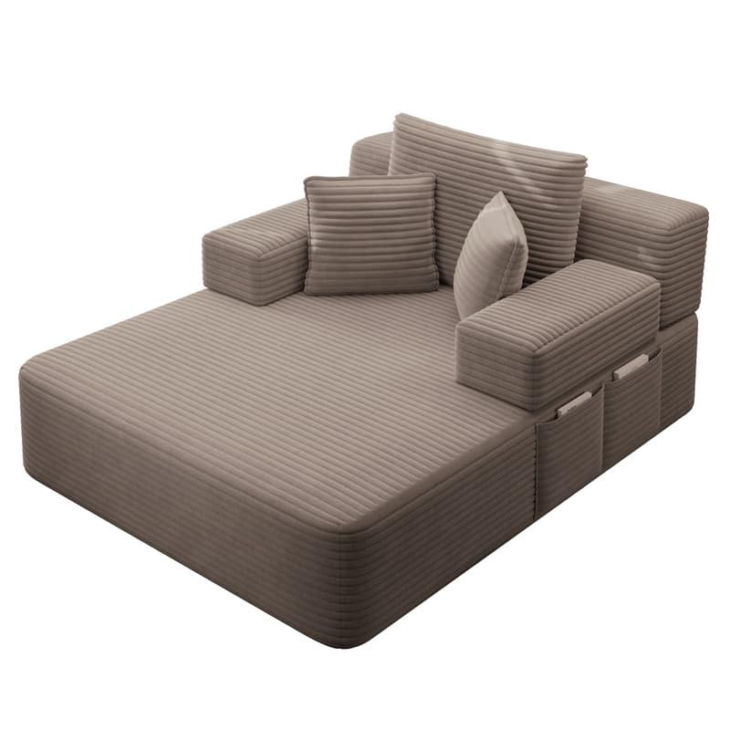 Luxurious Plush Corduroy Chaise Lounge Convertible Sofa Bed with Storage Pocket and Wide Armrests