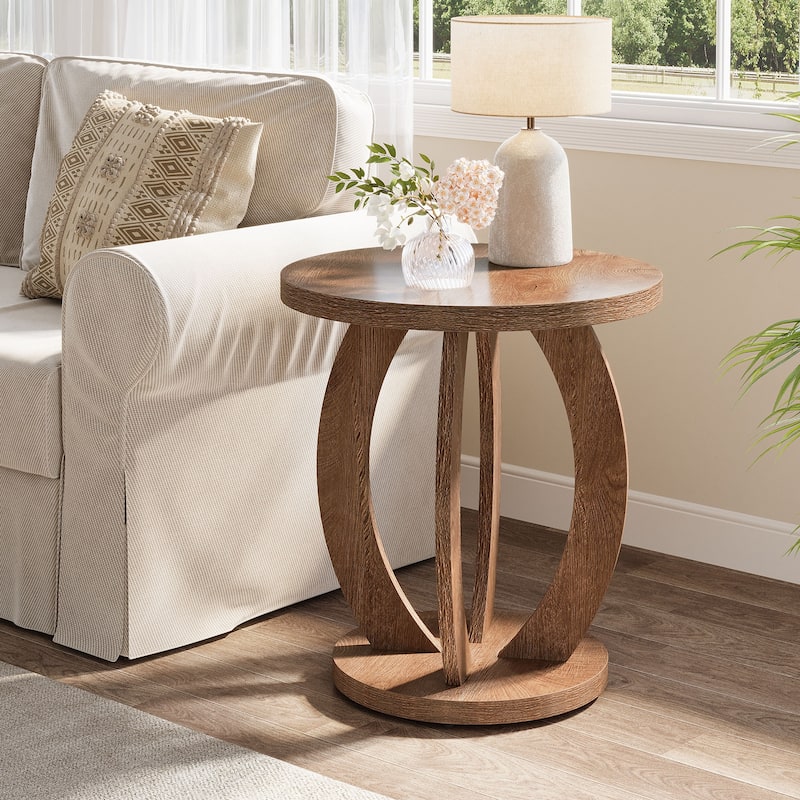 Round Side Table with Storage, Farmhouse End Table for Living Room Small Space