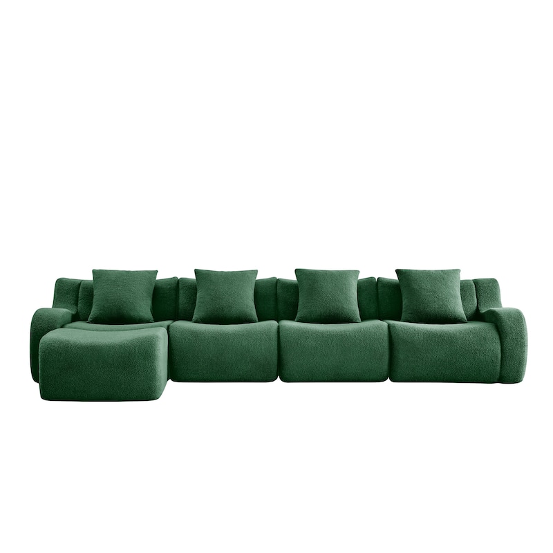 Oversized Sectional Sofa with Ottoman for Living Room, 118" Modern Floor Teddy Fabric Sofa L-Shape Couch with 4 Throw Pillows