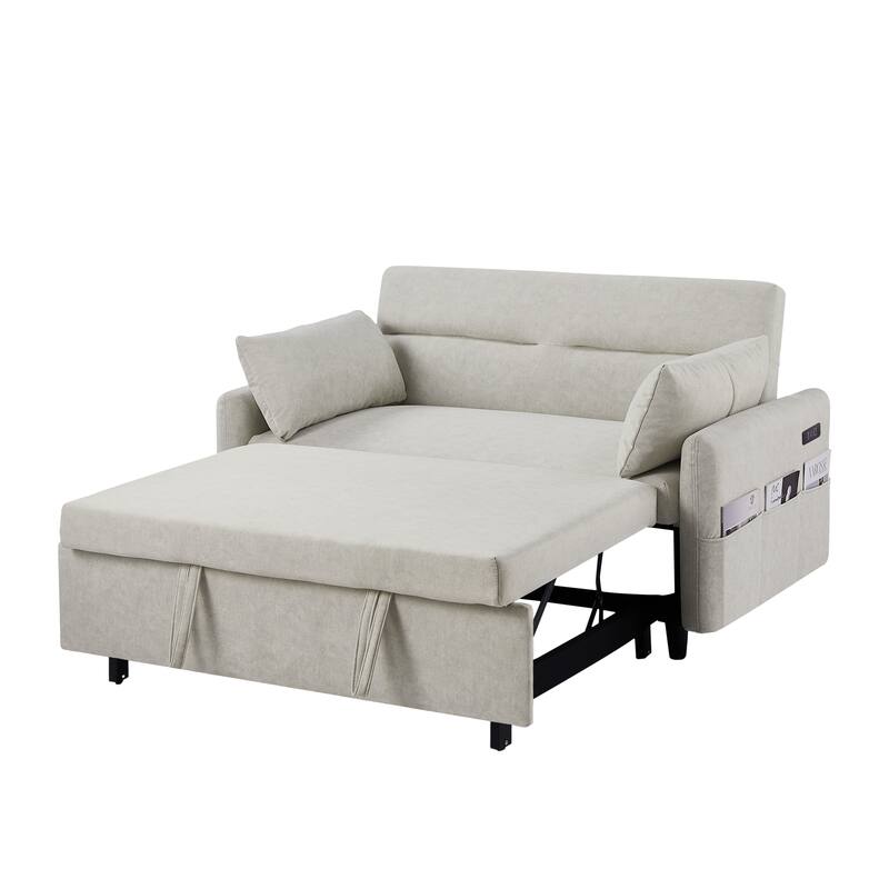 Loveseat Convertible Pull-out Sleeper Sofa Bed Adjustable Backrest Lounge Couch w2 Pillows & Storage Pockets, USB Ports