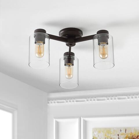 Orville 17" 3-Light Farmhouse Industrial Iron Cylinder LED Semi Flush Mount, Oil Rubbed Bronze/Clear by JONATHAN Y