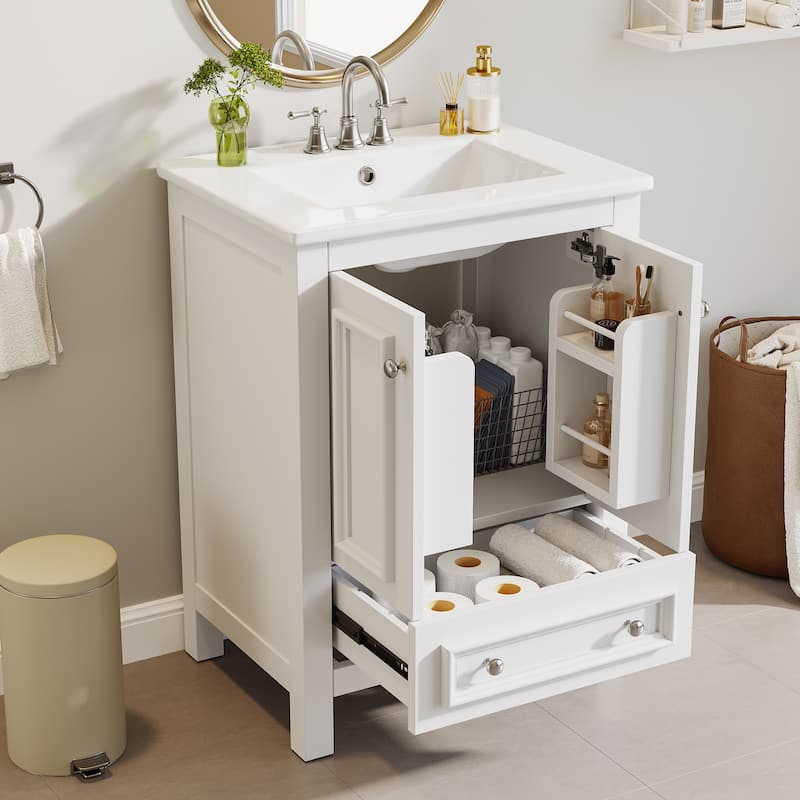 Bathroom Vanity with Sink, Solid Wood Frame Freestanding Vanity with Door Organizer and Drawer