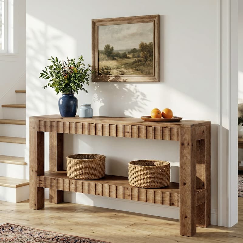 63 Inch Solid Wood Console Table for Entryway, Narrow Long Sofa Table with Storage Shelf, Farmhouse Style