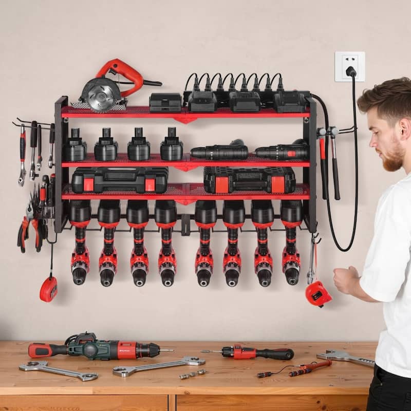 4-Tier Red Wall-Mounted Tool Organizer Rack with 8 Drill Slots and Pegboard Power Strip - 32.87 x 8.66 x 16.54 in