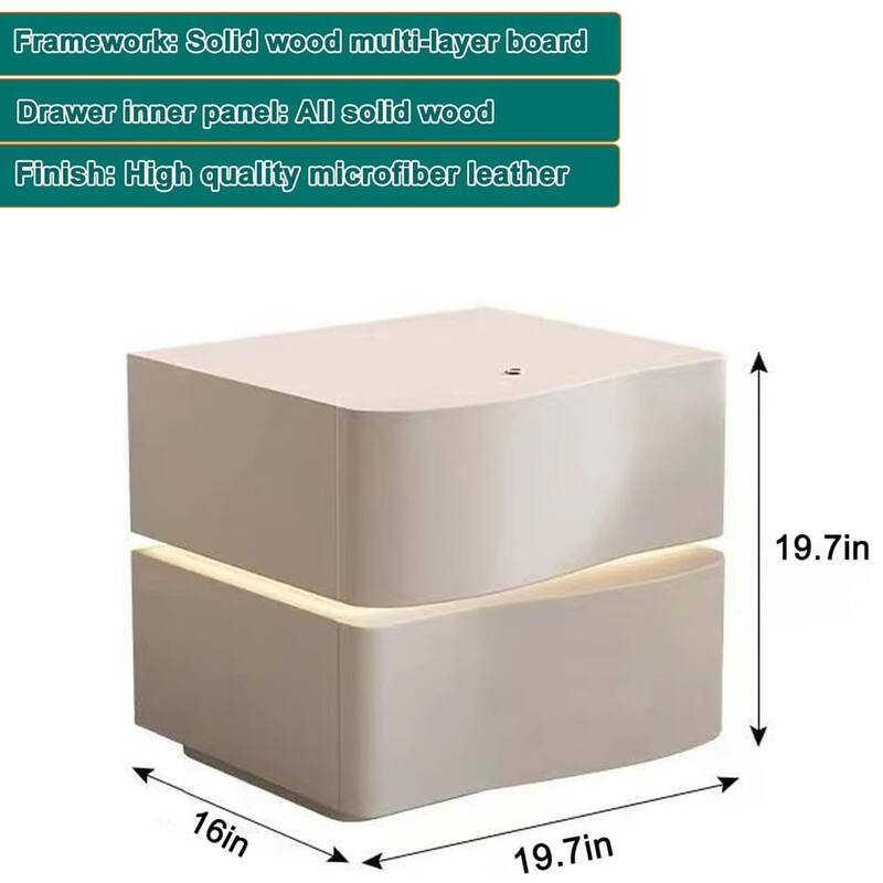 Modern Leather Nightstand with LED Light & 2 Drawers