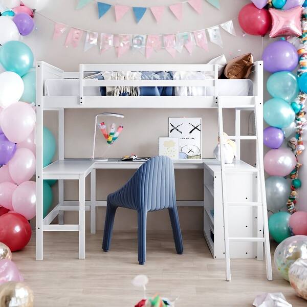 slide 2 of 57, Full Size Loft Bed With Shelves and Desk For Home White