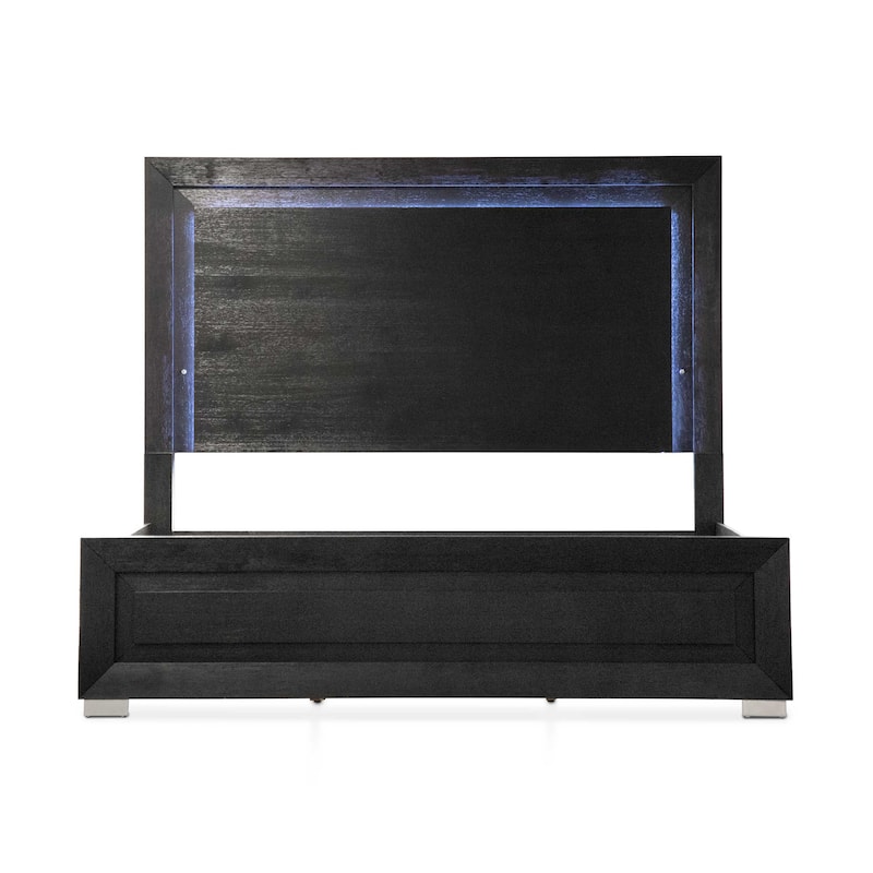 Furniture of America Alaric Modern Black Solid Wood Panel Bed with LED Light Headboard