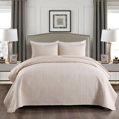 3 Piece Quilt Set Ultra Soft Elegant Embroidered King Cream Coin