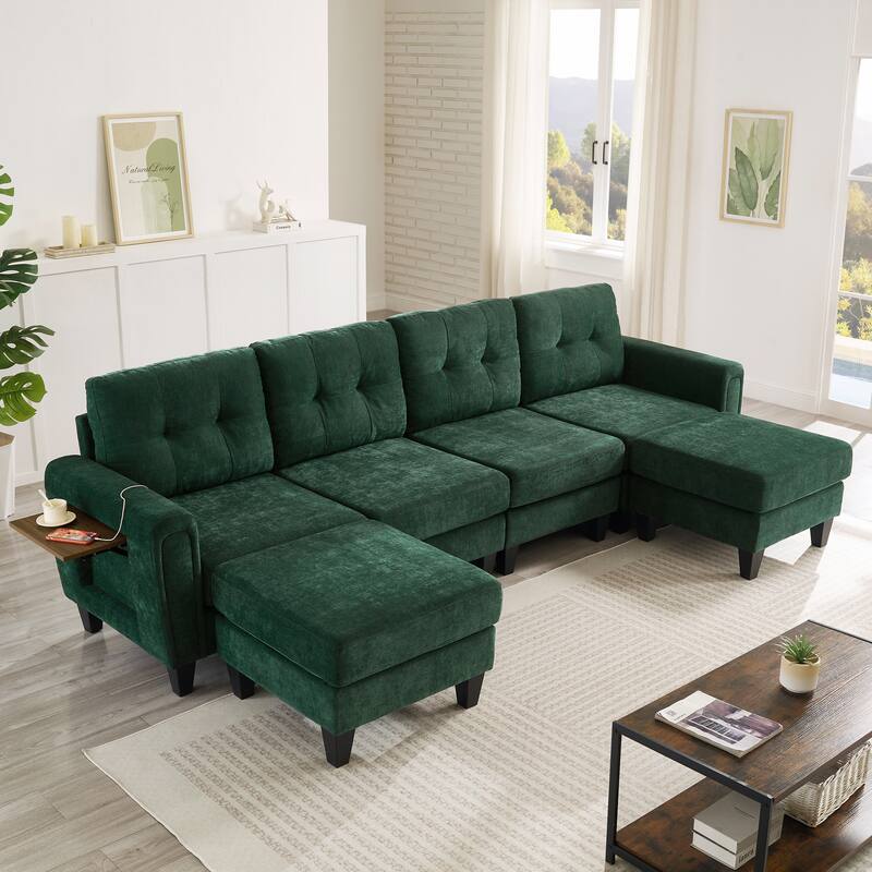 Roomfitters 115 Inch U-Shaped Sectional Sofa with 2 Ottomans and Foldable Side Tables, Chenille