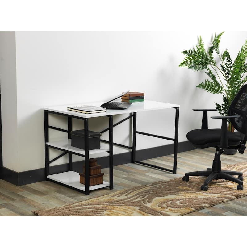 Metal Frame 47" Writing Desk with Solid Wood Top and 2 Shelves for Home Office or Study Workstation - White