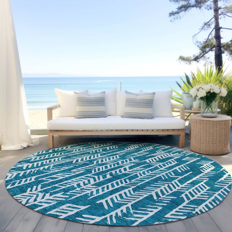 Machine Washable Indoor/ Outdoor Chantille Modern Arrows Rug - Teal - 8' x 8'