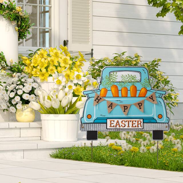 Glitzhome 26"H Easter Metal Truck Porch Sign or Yard Stake or Wall Decor