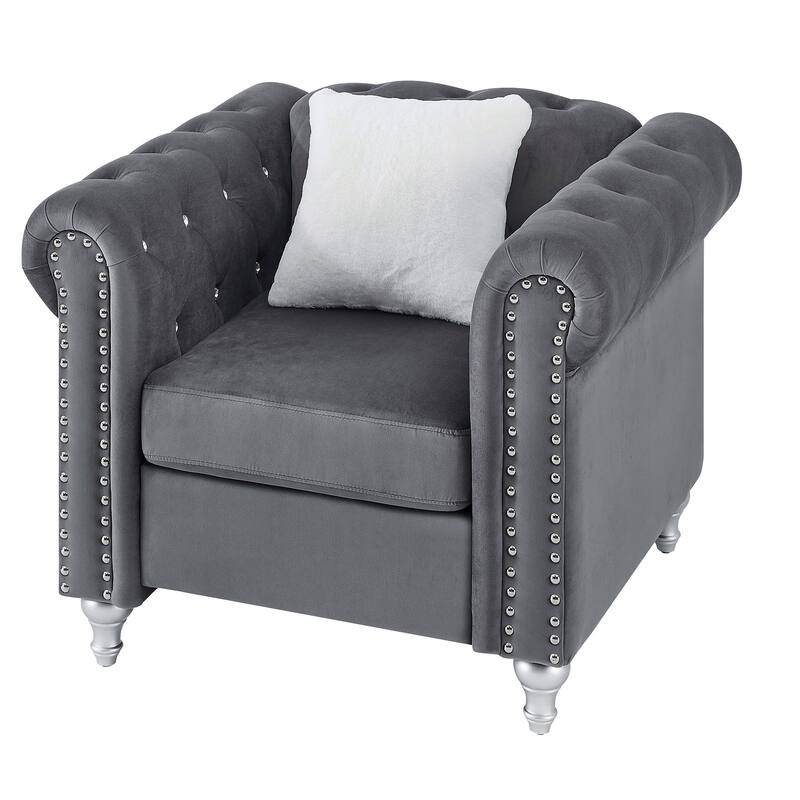 Jeweled Tufted Velvet Accent Chair with Throw Pillow - 38" - Gray
