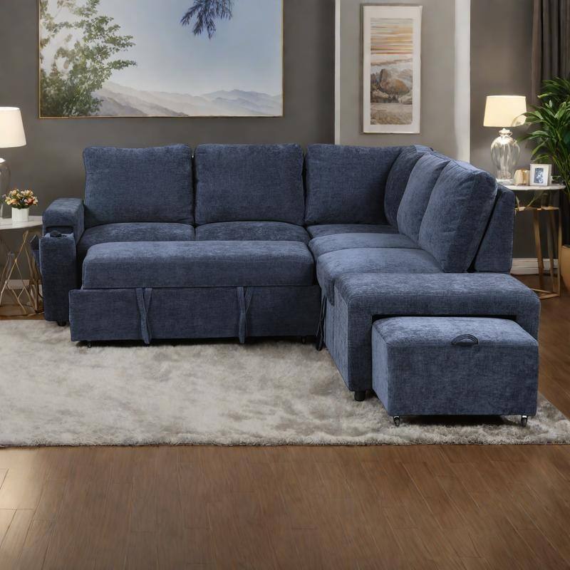 90.6"Polyester L-Shaped Modular 5-Seater Sofa with Storage Space, USB Ports, Cup Holders, and Removable Ottoman - Blue