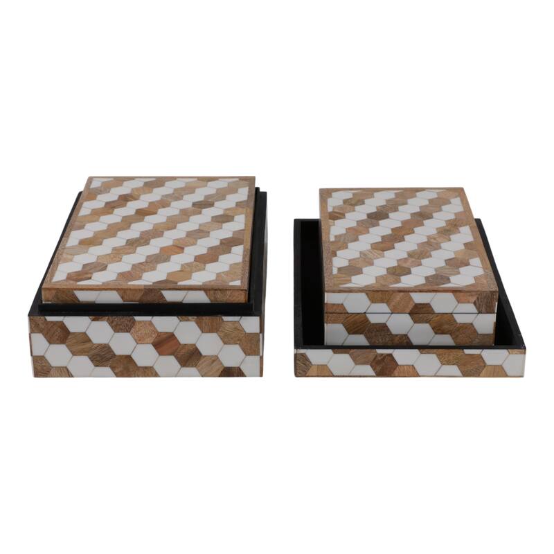 Wood Storage Boxes Geometric Inlay Modern Accent Decor (Set of 3) - 12" x 8" x 3.75"