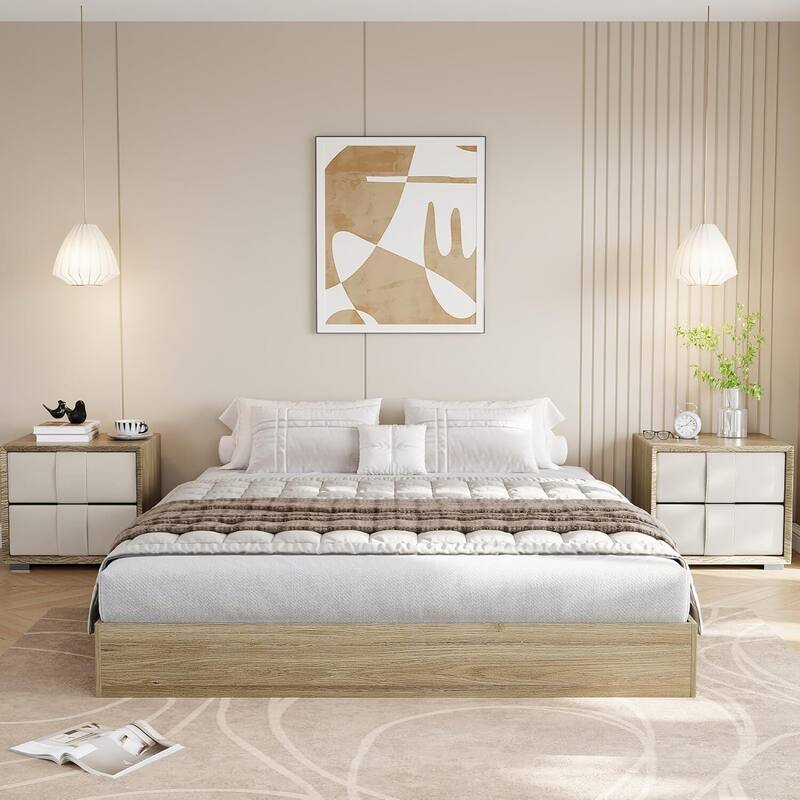 Space-Saving Sturdy Floor-Standing Platform Bed Frame, No Box Spring Needed, Natrual Wood - King