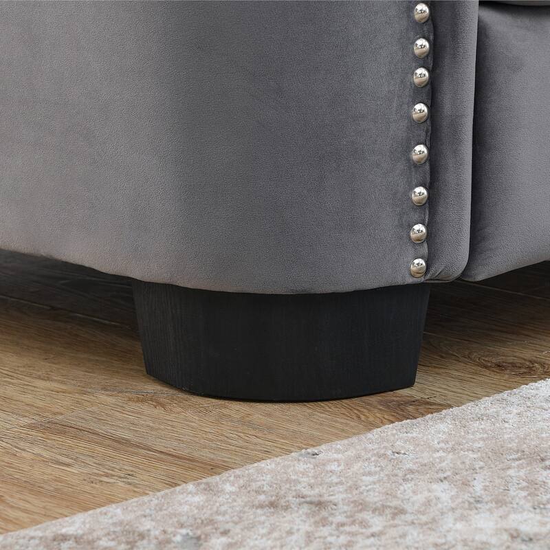 77" Velvet 3-Seater Sofa with Nailhead Arms and 2 Pillows