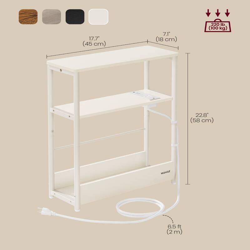 Space-Saving End Table with 3 Storage Shelves and Built-In Charging Station and Stable Steel Frame - 7.1"D x 17.7"W x 22.8"H