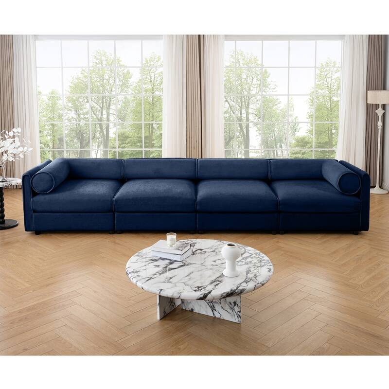 142.5" Oversized Modular Chenille Sectional Sofa with Storage Seat, Modern Upholstered Couch with Cylindrical Backrest, Armrests - Blue