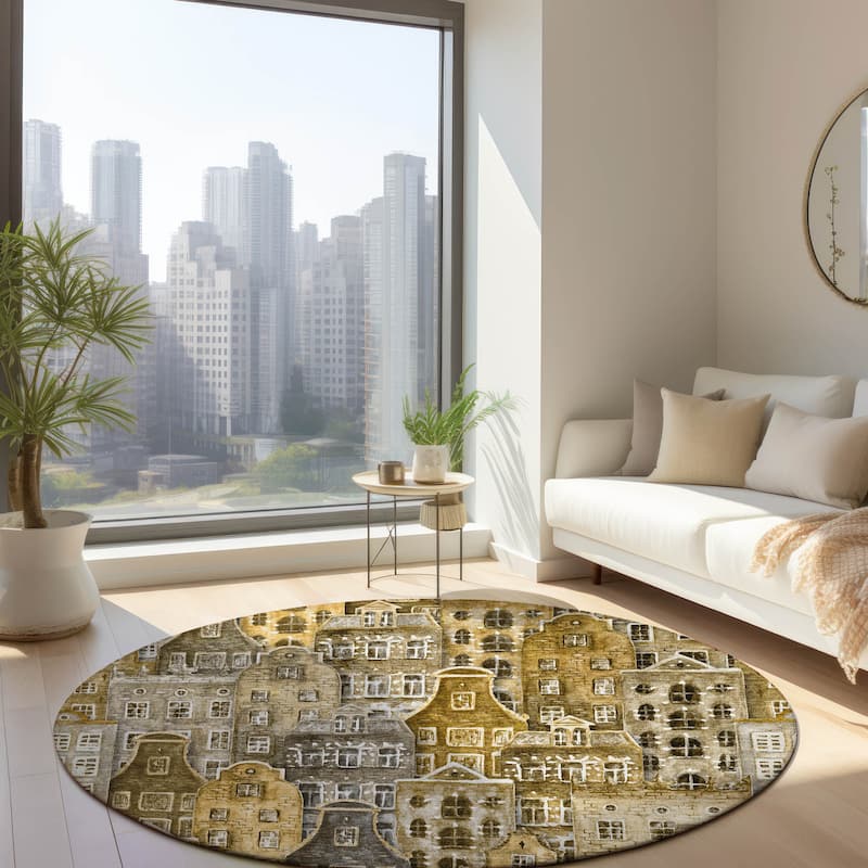 Machine Washable Indoor/ Outdoor Chantille Modern City Rug - Brown - 8' x 8'