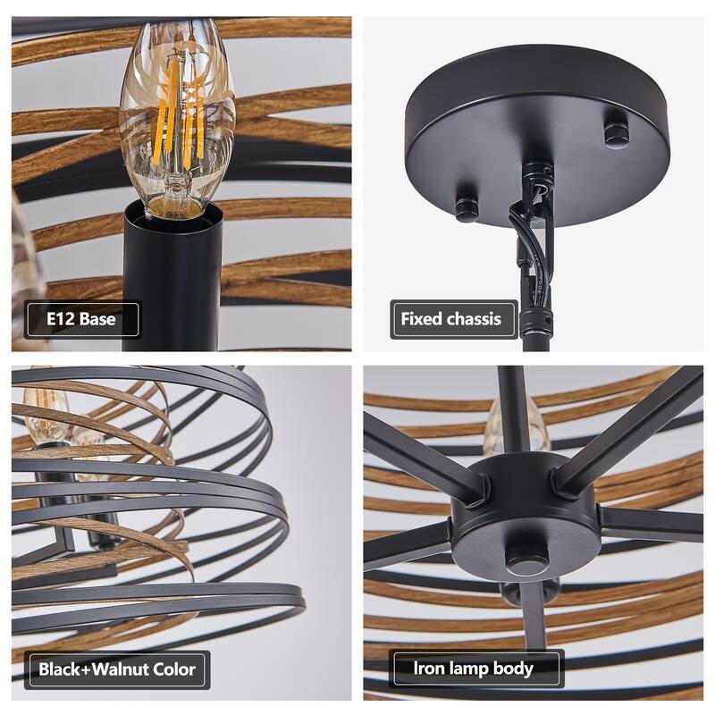 24" Rustic Industrial Pendant Light, 6-Light Black and Walnut Metal Cage Chandelier with Wood Accent
