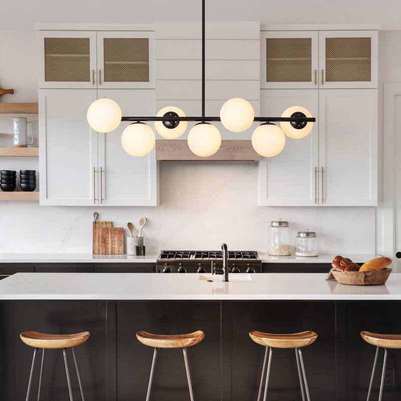7-Light Mid-Century Modern Gold/Black Sputnik Metal Island Lights with Opal Glass Globe Shades for Kitchen, Dining Room