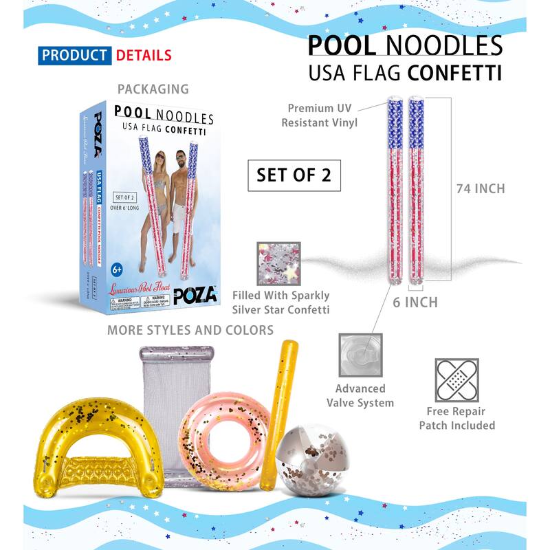 POZA 2 Pack Inflatable USA Flag Jumbo Pool Noodle Floats with Confetti - 74 inches