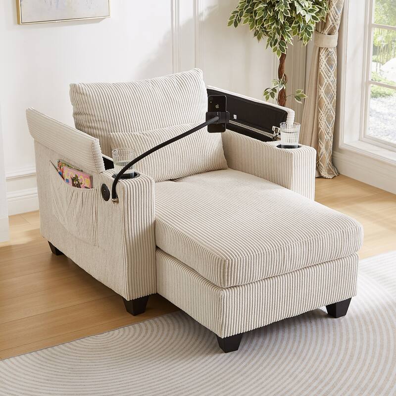 Convertible Sleeper Sofa Chaise Lounge with Movable Backrest, Corduroy Reading Chair with USB Ports, Cup Holders & Phone Holder