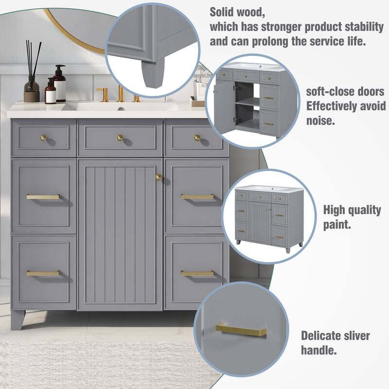 Modern 36-Inch Free-Standing Vanity with Single Sink, Storage Drawers & Adjustable Shelf