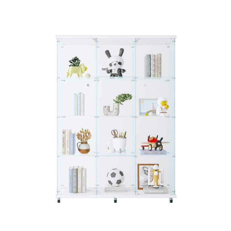12 Shelves Glass Display Cabinet with 3 Columns and Lock, Curio Cabinets Tempered Glass Floor Standing Bookshelf for Living Room