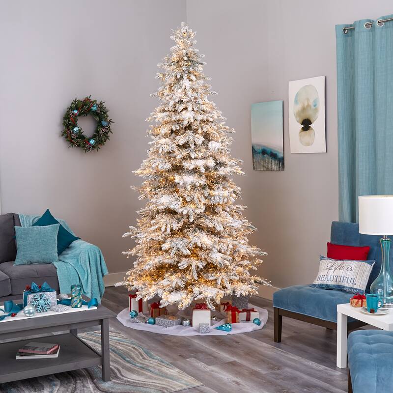 9ft. Flocked Grand Fir Artificial Christmas Tree with 8208 Warm Cluster Lights & 1818 Branches - Dazzling Winter X-Mas Showpiece