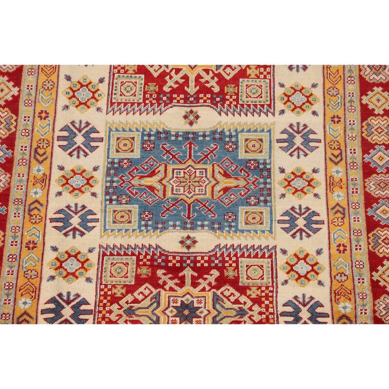 Geometric Kazak Oriental Area Rug Hand-Knotted Grey Wool Carpet - 4'10" x 6'5"