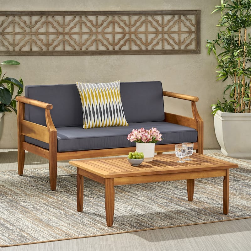 Aston Acacia Wood Outdoor Loveseat Set by Christopher Knight Home - Teak Finish + Dark Gray Cushion