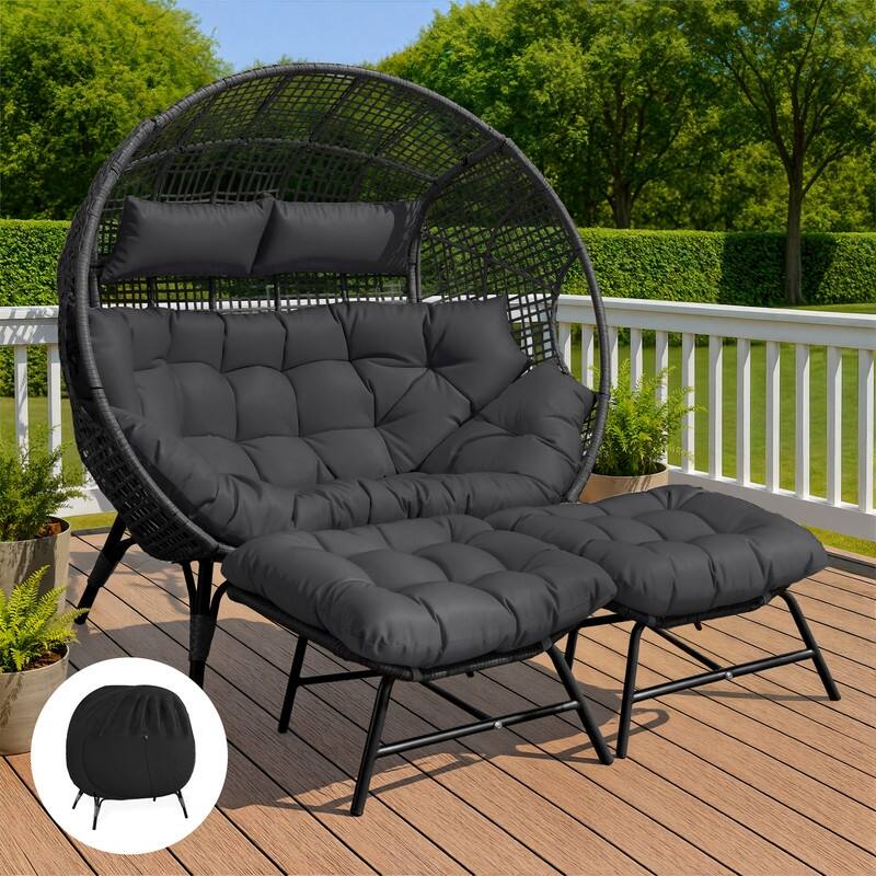 Outdoor Double Wicker Egg Chair with 2 Ottomans & Rain Cover, 2-Person 680-lb Capacity - Dark Grey