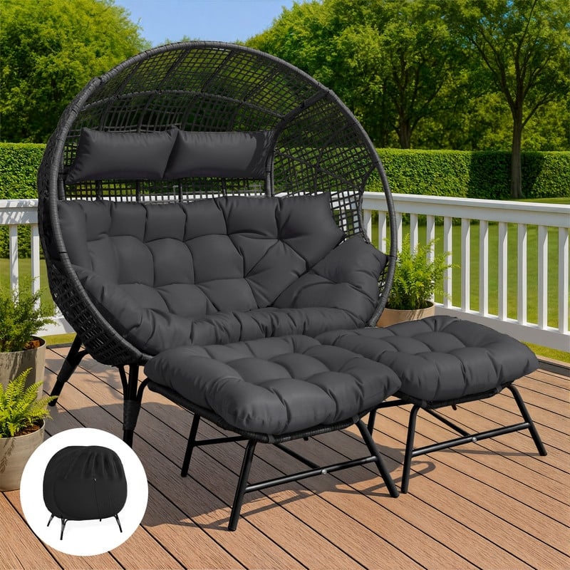 Outdoor Double Wicker Egg Chair with 2 Ottomans & Rain Cover, 2-Person 680-lb Capacity